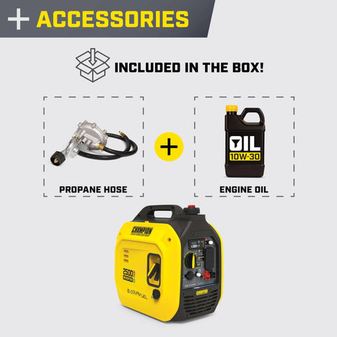 2500 Watt Dual Fuel Portable Inverter Generator with hose and oil accessories