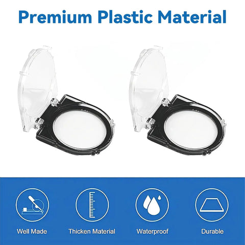 Eight Piece Push Button Cover Set Keeps You From Accidentally Pressing Buttons On Elevators Washing Machines And Office Equipment With Dustproof Waterproof Plastic Protection, front view of two button covers showing clear lids and black bases.