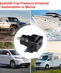 Adjustable Fuel Pressure Regulator Kit for automobiles and marine use, black anodized finish, compact design.