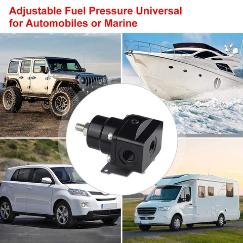 Adjustable Fuel Pressure Regulator Kit for automobiles and marine use, black anodized finish, compact design.