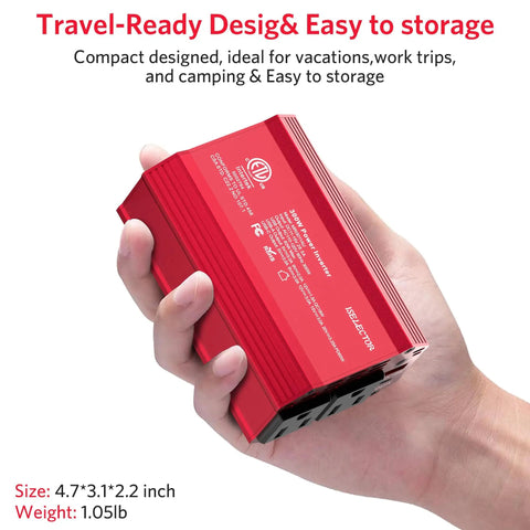 Portable 300W Power Inverter Converts Dc 12V To Ac 110V With Dual Ac Outlets And Usb C Pd 65W Usb A fast charge ports held in hand.