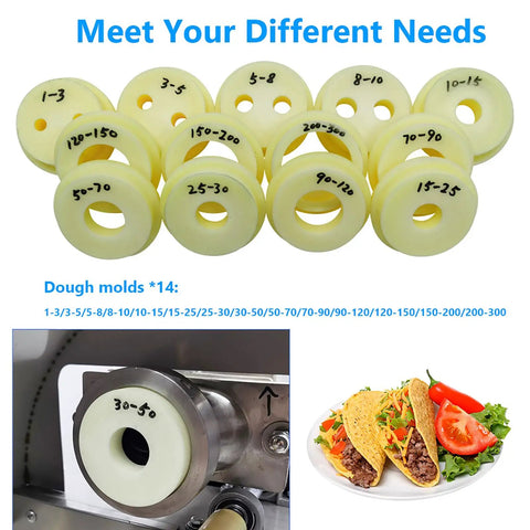 Pro Grade Dough Divider Cutter Machine 1g To 300g dies showcasing different portion sizes for precise dough portioning