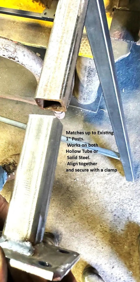 Image of Rock Solid Weld On Repair Base for one inch outdoor iron stair railing showing the fit with hollow and solid steel.