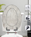 Elongated Concrete polished abstract silver grey grunge Toilet Seat on a ceramic toilet; showing metal hinges and installation details.