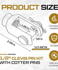Diagram of 10 Pack Half Inch Clevis Pin Kit With Cotter Pins And Threaded Push Rod Clevis Zinc Plated, highlighting dimensions