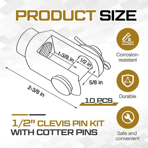 Diagram of 10 Pack Half Inch Clevis Pin Kit With Cotter Pins And Threaded Push Rod Clevis Zinc Plated, highlighting dimensions