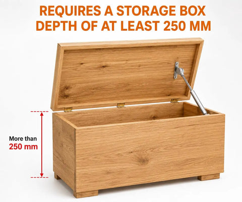 Top Tier Toy Box Hinges 2 Pack With 150N Soft Close Gas Struts For Heavy Lids showing storage box depth over 250 mm, wooden finish.