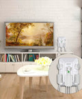 Wall Charger And Surge Protector Outlet Extender Featuring Five AC Outlets Plus Four Fast USB Ports Designed To Fit Standard Duplex Sockets Space Saving Power Strip mounted beside a TV in a living room.
