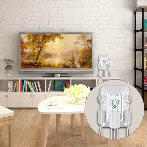 Wall Charger And Surge Protector Outlet Extender Featuring Five AC Outlets Plus Four Fast USB Ports Designed To Fit Standard Duplex Sockets Space Saving Power Strip mounted beside a TV in a living room.