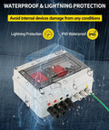 Two String PV Combiner Box For Solar Systems, 600V DC, IP65 Waterproof, On Grid Or Off Grid Ready, 2 Input 1 Output shown in rain