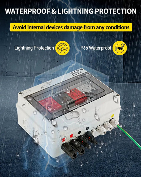 Two String PV Combiner Box For Solar Systems, 600V DC, IP65 Waterproof, On Grid Or Off Grid Ready, 2 Input 1 Output shown in rain