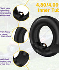 Beefed-Up 4.80-8 Inner Tube Replacement For Wheelbarrows Trailers Lawn Mowers Hand Trucks Garden Carts Dollies Trolleys Wagons Generators With TR87 Bent Valve Heavy Duty 1 Piece displayed with close-ups of valve and material details.