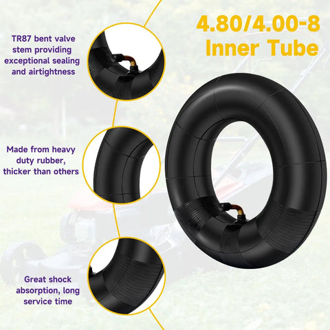 Beefed-Up 4.80-8 Inner Tube Replacement For Wheelbarrows Trailers Lawn Mowers Hand Trucks Garden Carts Dollies Trolleys Wagons Generators With TR87 Bent Valve Heavy Duty 1 Piece displayed with close-ups of valve and material details.