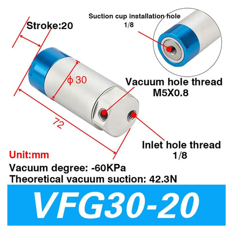Heavy Duty Mechanical Arm Gripper Cylinder For Pneumatic Automation High Performance Actuator With Vacuum Generator And Suction Cup Great For Robotics Machinery And Industrial Manufacturing - technical diagram showing dimensions and specifications.