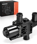 Dead On Heavy Duty Heater Control Valve For Fiat 500E 2014-2019 showing black plastic valve with hoses and box at background.