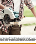 Swap These Two Rock Solid Electric Trigger Switches Into Your Tool Box features a circular saw cutting wood at a construction site.