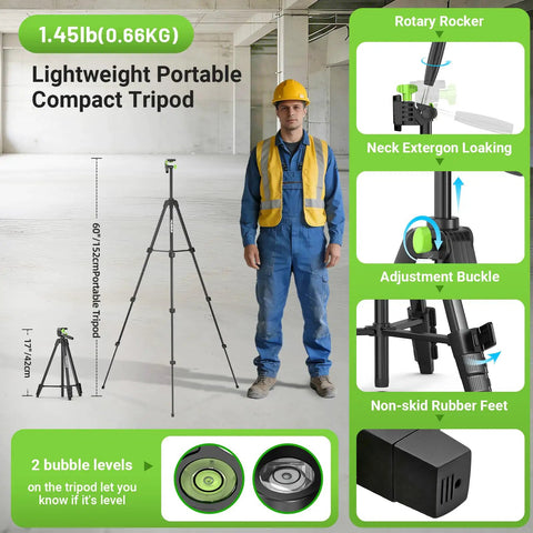Self Leveling Laser Level Kit With 60 Inch Tripod For Precise Home Reno, Accurate To One Ninth Inch At 33 Feet, Easy Setup For Hanging Pictures, Installing Shelves, Aligning Cabinets, Tiling, Curtain Rods, And More U011G lightweight tripod with worker