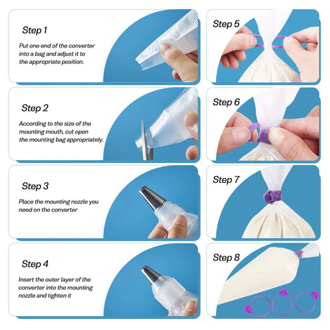 Step-by-step guide to using converter with flexible silicone piping bags from Badass 112 Piece Baking Decorating Kit.