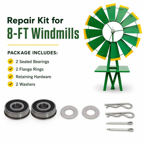 Components of All In One Bearings Repair Kit for 8 ft Lawn Garden Windmill Fan Hub 1/2 Inch ID x 1 3/8 Inch OD displayed