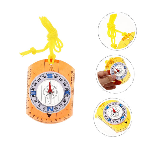 Orienteering Compass Pointer All In One Outdoor Navigation Tool with yellow lanyard and acrylic base, shown in hand.