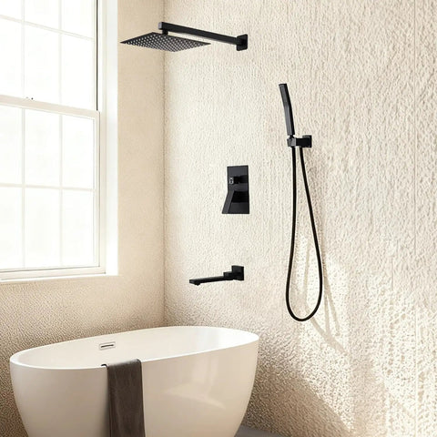 Top Shelf Matte Black Shower Faucet Set With 10 Inch Rainfall Shower Head And Tub Spout, Solid Stainless Steel Bathroom Fixture With Triple Spray Functions For Real Deal Relaxation