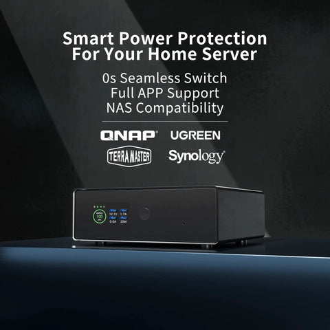 Smart UPS 150W LiFePO4 Battery Backup For NAS And Mini PC With Remote App Control shown on a desk with brand logos.