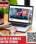 Person watching tutorial for 20V Cordless Drain Auger Auto Feed 25 Ft Drain Snake With Replaceable Cable on laptop with QR code