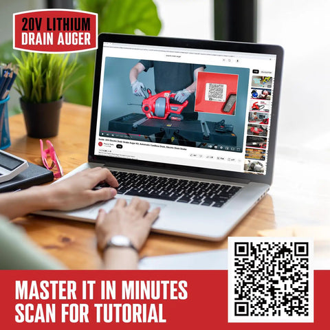 Person watching tutorial for 20V Cordless Drain Auger Auto Feed 25 Ft Drain Snake With Replaceable Cable on laptop with QR code