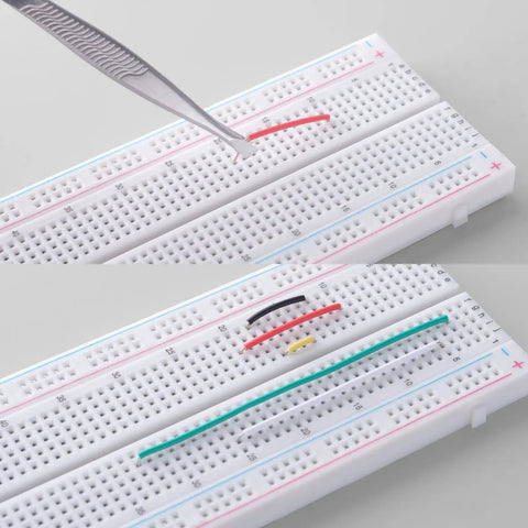 All In One Breadboard Kit With 400 And 830 Breadboards, 140 Jumper Wires, 65 Flexible Jumpers, And A Tweezer, Packed In Sturdy Box close-up