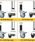 Heavy Duty 4 Inch Caster Wheels Set Of 4 With Expanding Stem And Locking Brakes For 7/8 To 1-3/8 Inch Furniture Legs