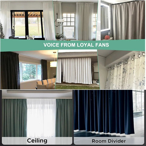 Images showcasing Smooth As Butter Heavy Duty Ceiling Curtain Rail And Double Track Sliding Rod System with various curtain styles.