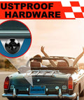 Lock Down Tight With These Badass Black Security License Plate Screws Offering A Real Tamper Proof Anti Theft Build In A Solid Four Pack Compatible With Lexus Honda And Toyota Cars For Serious Street Mods, close-up of rustproof license plate screw on convertible.