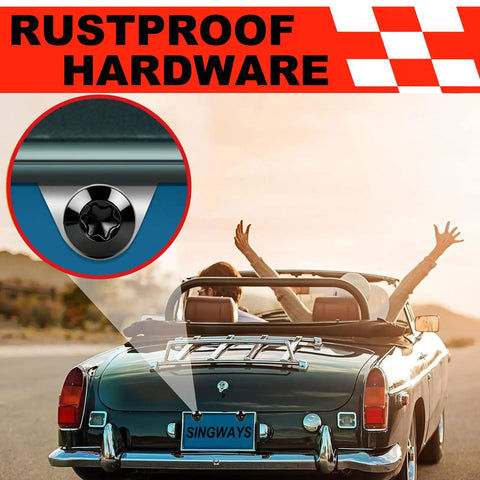 Lock Down Tight With These Badass Black Security License Plate Screws Offering A Real Tamper Proof Anti Theft Build In A Solid Four Pack Compatible With Lexus Honda And Toyota Cars For Serious Street Mods, close-up of rustproof license plate screw on convertible.
