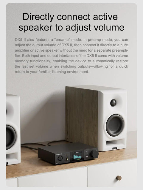 Hi Res DAC And Headphone Amp Bundle With Dual ES9039Q2M Chips, X Hybrid Amplifier on a desktop with active speaker