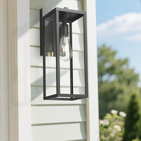 Dusk To Dawn Sensor Outdoor Wall Lantern 15 Inch Tall Anti Rust Black Exterior Light on a white siding wall