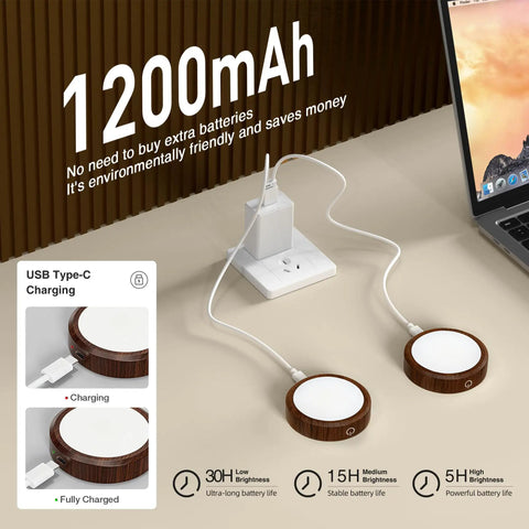 Rechargeable Wireless Puck Lights With Remote Control, Sweet Smooth Glow Under Cabinet Lighting, 3 Color Dimmable Peel And Stick Pad For Kitchen Counter Closet Shelf 2 Pack shown charging with USB Type-C.