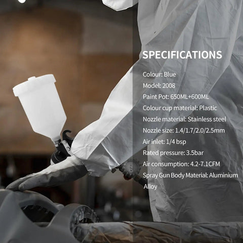 Hvlp Car Paint Sprayer Gun Kit With Ten Pcs Six Hundred Fifty Ml Disposable Cups High Transfer Efficiency Low Overspray Smooth As Butter Finish Dead Simple Cleanup, blue spray gun details with plastic paint cup.