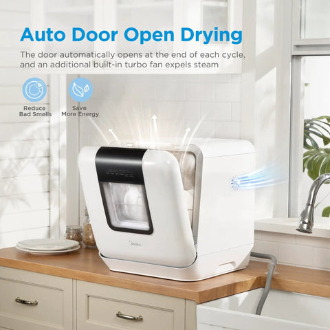 No Sweat Countertop Dishwasher Featuring A 1.59 Gal Built In Water Tank And Five Plus Two Smart Wash Cycles with auto door open drying.