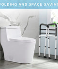 Universal Toilet Safety Rail Grab Bar with non-slip suction cups next to a white toilet, folded for space-saving.