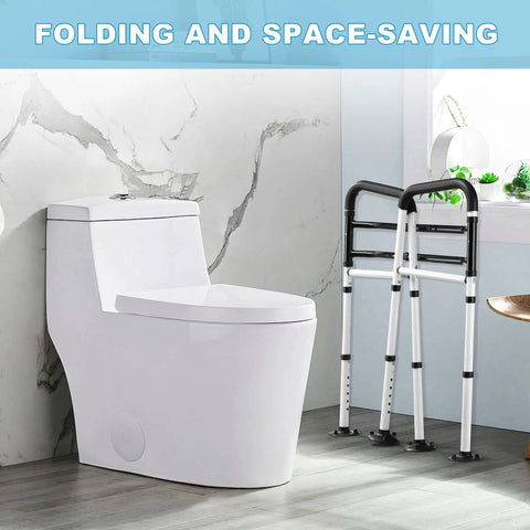 Universal Toilet Safety Rail Grab Bar with non-slip suction cups next to a white toilet, folded for space-saving.