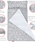 Cozy Toddler Nap Mat With Removable Pillow And Fleece Minky Blanket Grey showing star print, fleece lining, straps, and carrying handle.