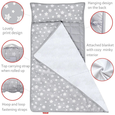 Cozy Toddler Nap Mat With Removable Pillow And Fleece Minky Blanket Grey showing star print, fleece lining, straps, and carrying handle.