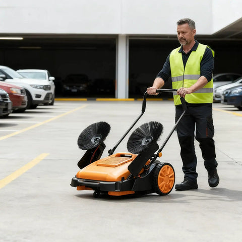 Massive 41 Inch Outdoor Hand Push Floor Sweeper With Huge 14 Gallon Dustpan Capacity Perfect For Patios Driveways And Commercial Yards High Efficiency Cleaning Machine That Makes Broom Work Obsolete Super Duper Easy To Maneuver Around Big Spaces