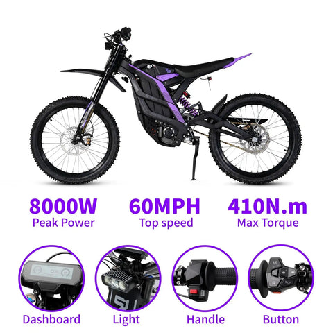 Badass 8000W Electric Dirt Bike For Adults With 75 Mile Range And 60 Mph Top Speed displayed with 19 inch fat tires and dashboard.