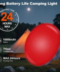 Insect Proof Red Light Camping Lamp With 10000mAh Battery for Stargazing and Night Fishing, glowing near an illuminated tent at night.