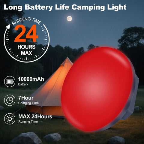 Insect Proof Red Light Camping Lamp With 10000mAh Battery for Stargazing and Night Fishing, glowing near an illuminated tent at night.
