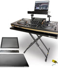 Two Tier Portable DJ Table Stand for Laptops, MIDI Controllers, Tablets and Sheet Music with accessories and laptop setup