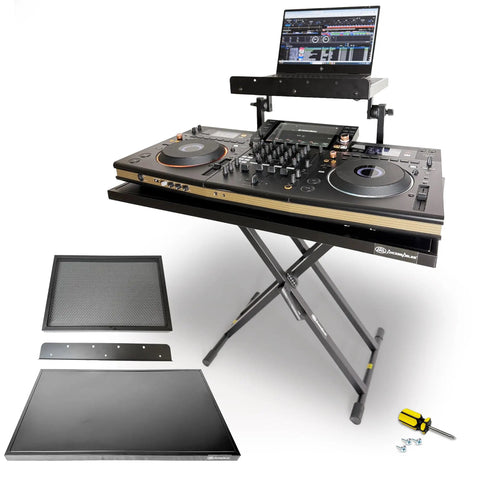 Two Tier Portable DJ Table Stand for Laptops, MIDI Controllers, Tablets and Sheet Music with accessories and laptop setup