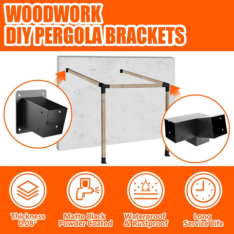 15 Degree Slanted Roof Pergola Brackets Kit, 3 Way Right Angled Corner Brackets With Wall Mount Post Base For 4x4 Posts, Outdoor Pergolas Gazebos Porches, Heavy Duty Steel, Black Galvanized Matte Finish, Built Tough, 4 Pack