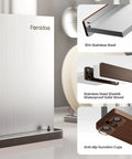 Stainless Steel Magnetic Knife Holder Rack With Wood Base For Kitchen Countertop Double Sided Magnets Storage Stand Keeps Knives Secure Holds Up To 8 Inch Blades And Looks Sweet On The Counter showing 304 stainless steel, wood base, and suction cups.